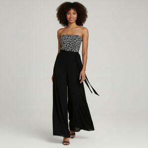 Woman's Black Chiffon Palazzo Pant Jumpsuit Animal Print Large Dressbarn New